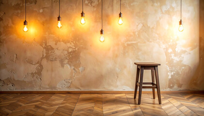 A lone stool stands under glowing light bulbs in a rustic, dimly lit room with a vintage atmosphere and worn wooden floor