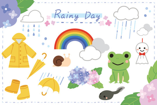 パステルカラーで描かれたかわいい雨の日のイラストセット