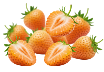 Golden yellow strawberries, whole and halved, with green calyxes, floating mid-air on a transparent background with bokeh, sharp macro focus, diffuse studio light. Concept for healthy eating product