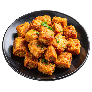 A hearty portion of kuurdak, featuring tender fried meat chunks, potatoes, and aromatic spices, isolated on a stark white background