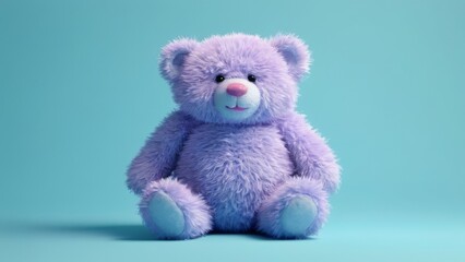 Fototapeta premium Peaceful 3D rendering of a fluffy light purple teddy bear sitting on a pastel blue background.