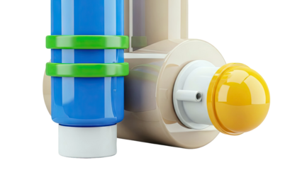 Close-up of a toy water gun part with blue and yellow elements
