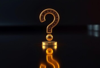 A glowing 3D question mark symbol stands as a brilliant light icon on a black background to represent a business concept for FAQ help and problem solution communication