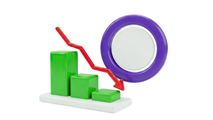 3D Chart with Falling Red Arrow and Purple Circle