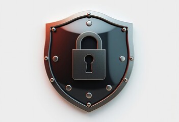 A shiny metal padlock and key with a red shield icon represent a secure steel safety symbol for computer technology protection isolated on a white background vector illustration