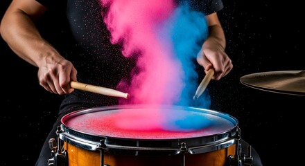 Drummer Hitting Snare Drum with Colorful Powder Explosion Action Music Photography