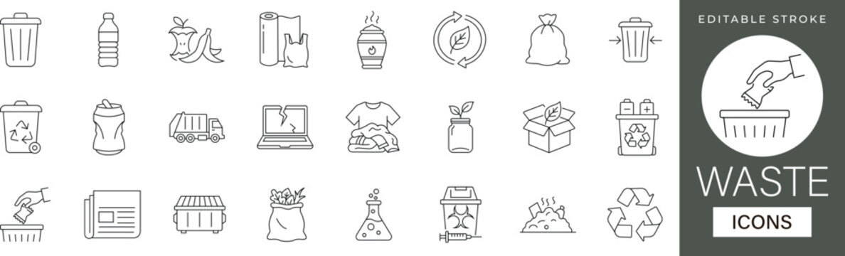 Waste management line icon set featuring recycling, circular economy, and garbage symbols. Ideal for environmental apps, ESG reports, and eco-branding. Fully editable.
