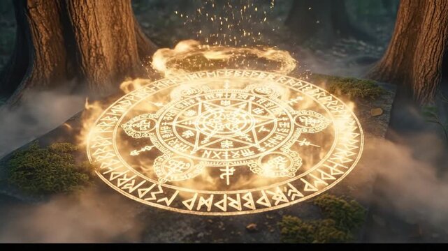 Glowing runic circle in ancient forest casting magic