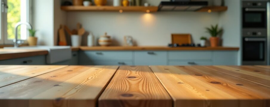 Close-up view of wooden surface, out-of-focus kitchen area, grain, style, preparation
