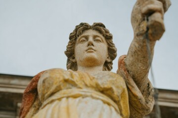 Fototapeta premium Lady Justice statue, a classical sculpture detail in linen tones with terracotta accents, symbolizing professional legal guidance and the far-reaching hand of justice