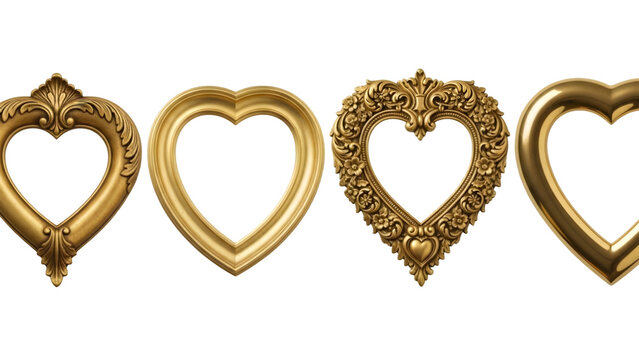 Four golden heart shaped decorative frames on transparent background