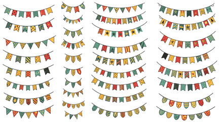 Collection of colorful festive bunting flags and decorative hanging garlands with various patterns for party celebrations and events.