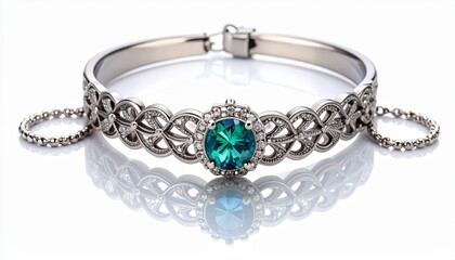 "Ornate vintage choker necklace with central purple gemstone, filigree band, and dangling green teardrops"