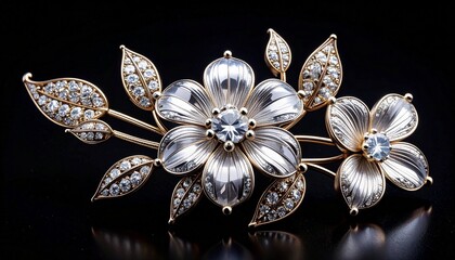 "Intricate floral brooch with pearlescent petals, diamond center, and jeweled leaves on black background"