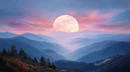 Fototapeta premium Full Moon Over Mountains - Landscape Photography, Dreamscape