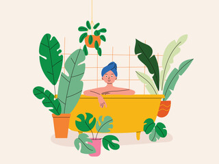A woman with a blue hair towel relaxes in a bathtub surrounded by lush green tropical potted plants. Minimalist illustration symbolizing radical self-care and a personal sanctuary