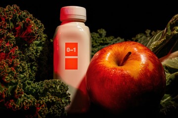 Red apple and white dairy bottle with numerical label next to fresh kale leaves for dietary education and informed consumption concept, with copy space