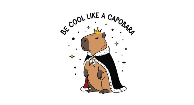 Regal capybara character wearing a crown and a royal black cape with stars for a funny animal portrait isolated on a white background.