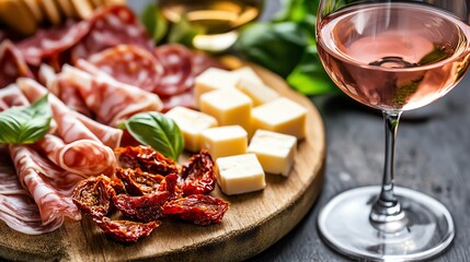 Delicious charcuterie board with wine.