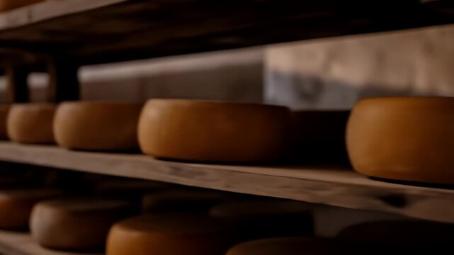 Wheels of Aged Cheese Aging on Wooden Shelves in a Rustic Dairy Cellar with Warm Natural Lighting and Soft Focus Background