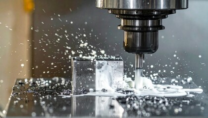 A cinematic shot of a large industrial CNC vertical machining center in operation