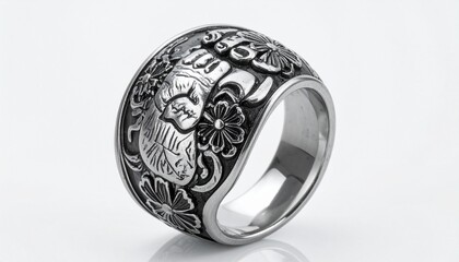 "Intricately engraved metallic ring with floral and butterfly motifs in polished high‑relief design"