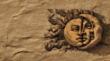 Vintage Celestial Sun and Moon Illustration on Aged Parchment Texture. Mystical Astrology Symbolism Background Art.