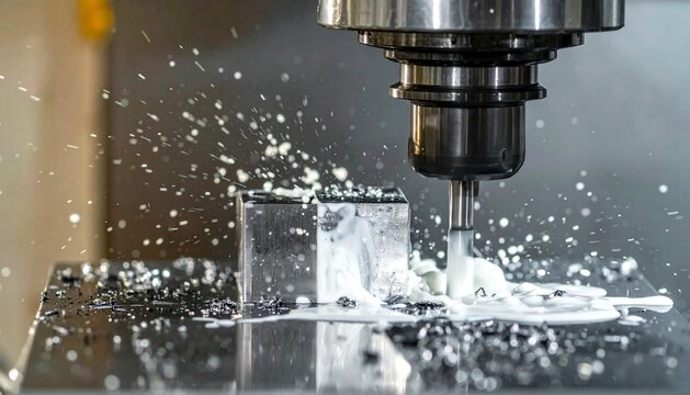 A cinematic shot of a large industrial CNC vertical machining center in operation