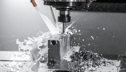 A cinematic shot of a large industrial CNC vertical machining center in operation