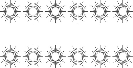Set of minimalist sunburst line art icons and geometric sun symbols in a simple clean style for modern branding logo design and decorative celestial elements.