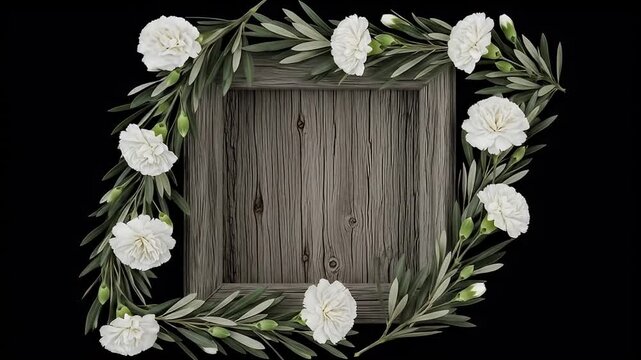 Square Rustic Wooden Frame Decorated With White Carnations And Green Olive Branches On A Transparent Background