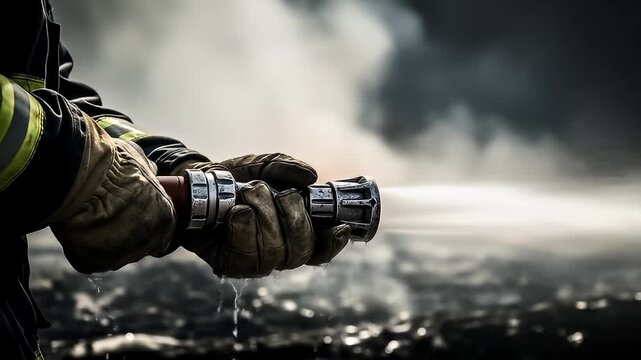 Close Up Of Firefighter Wearing Protective Gear Aiming Water Hose At Fire With Smoke And Flames In Background During Daytime