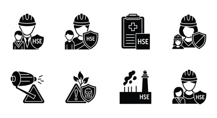 Black and white icons depicting various industrial safety symbols and equipment