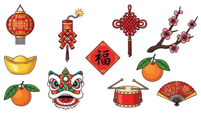 A collection of traditional Chinese New Year celebration elements including lanterns, firecrackers, lion dance head, gold ingots, oranges, plum blossoms, and a 'Fu' character.