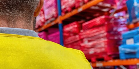 Professional Warehouse Worker in Yellow Vest Efficient Cargo Management and Logistics Advertising Content