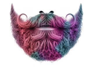 Vibrant, multicolored, artistic, beard and mustache illustration with creative, swirling, hair-like textures and pastel colors, isolated on transparent background