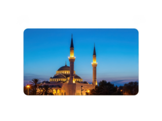 Beautifully lit mosque with twin minarets and a large dome at dusk, surrounded by trees and streetlights, showcasing its architectural grandeur isolated on transparent background