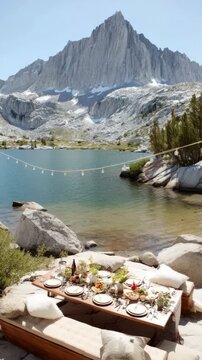 Outdoor picnic setup beside alpine lake with mountain backdrop and cozy seating area. concept of outdoor serenity