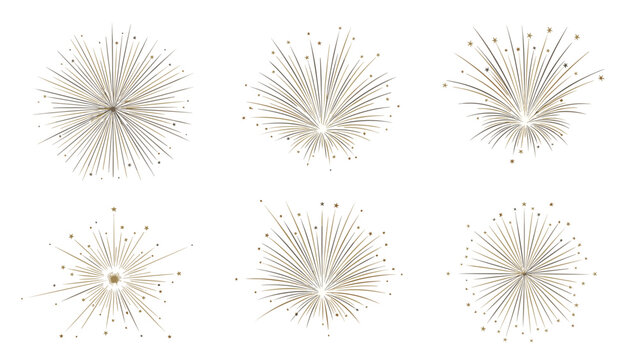 Elegant gold firework bursts in various circular and fan shapes resembling stars or sparkles on a clean white background.