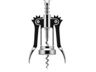 A sleek silver corkscrew with black handles and a spiral metal worm, isolated on transparent background