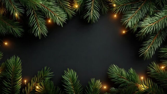 Festive fir branch and evergreen pine branches with warm string light and fairy lights framing dark textured background, pine needle evergreen branch holiday christmas festive warm light seasonal