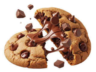 Delicious chocolate chip cookie broken in half with gooey chocolate center isolated on transparent background