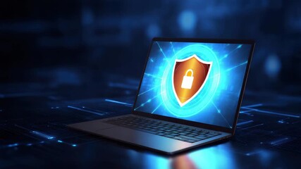 Shield with padlock laptop screen glowing blue and orange digital security concept protecting data with glowing network background modern cybersecurity visualization evoking trust and safety secure - Powered by Adobe