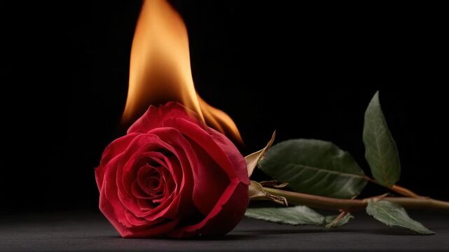 Red rose burning flame fire bloom close up petal stem leaf romantic dramatic burning flower with warm orange flame contrasts textured petals and wilted leaf on dark background romantic danger