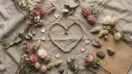 Dried Flowers and Heart Shape Arrangement on Textured Fabric with Smooth Stones and Kraft Paper