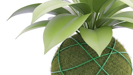 Kokedama Plant with Green Spherical Moss Base and Lush Leaves