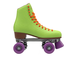 Vibrant green roller skate with purple wheels and orange laces, perfect for skating enthusiasts, isolated on transparent background
