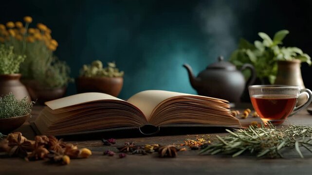 Open book on wooden table with herbal tea teapot and cup surrounded by dried herb and spice steam cozy still life evoking warm aromatic study rustic herbal kitchen atmosphere