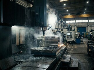 A cinematic shot of a large industrial CNC