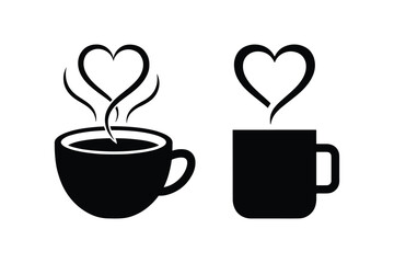 Coffee Steam Heart Love Silhouette Icon Set